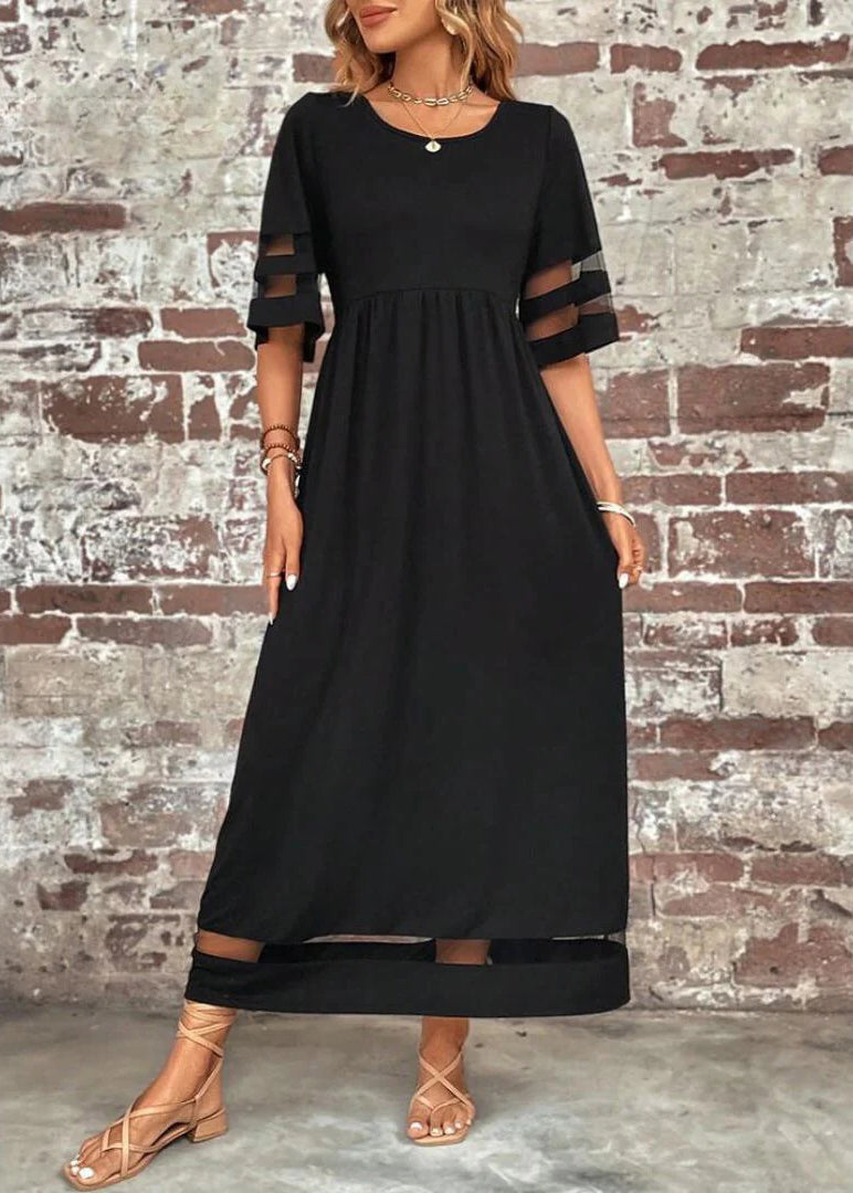 Bohemian Long Black Tulle Patchwork Dress Summer O-Neck