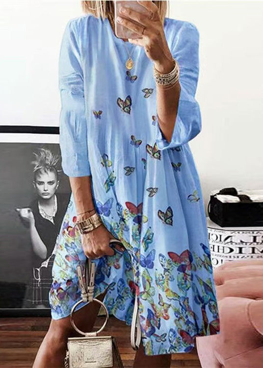 Butterfly O Cotton Bohemian Dress Mid Neck Print Blue Summer