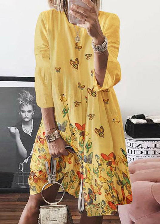 Butterfly O Cotton Bohemian Dress Mid Neck Print Blue Summer