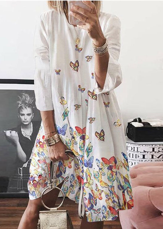 Butterfly O Cotton Bohemian Dress Mid Neck Print Blue Summer