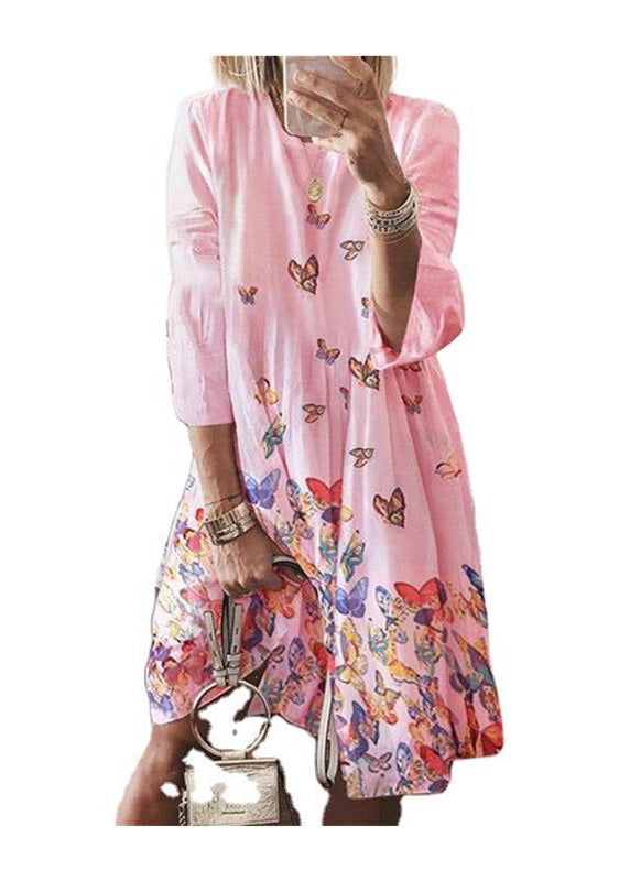 Butterfly O Cotton Bohemian Dress Mid Neck Print Blue Summer