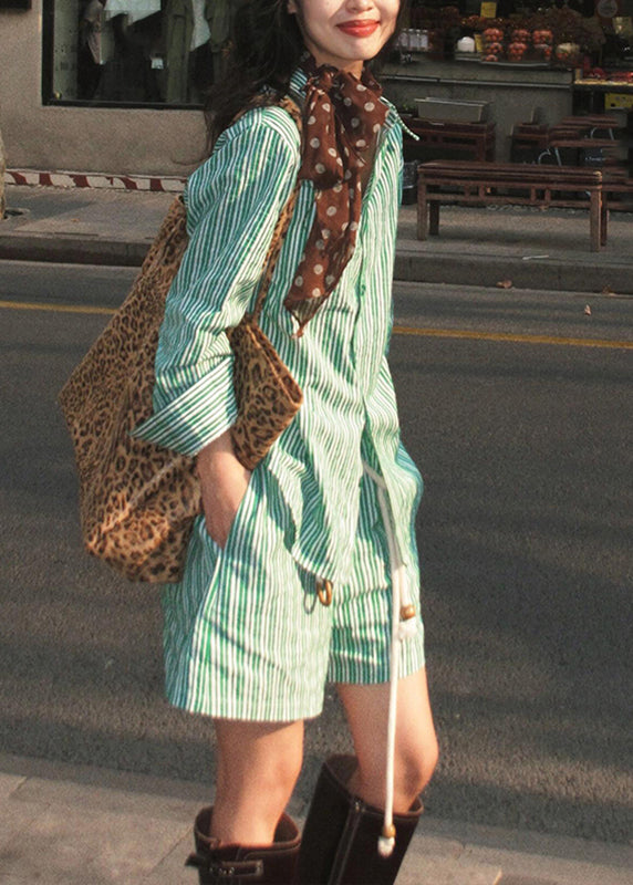 Pieces Two Shorts Green Shirts Striped And Collar Summer Bohemian Peter Pan Set