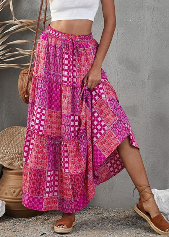 Ruffled Bohemian Patchwork Print Line A Skirt Purple