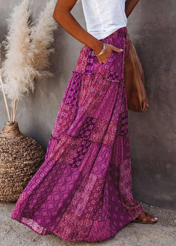 Ruffled Bohemian Patchwork Print Line A Skirt Purple