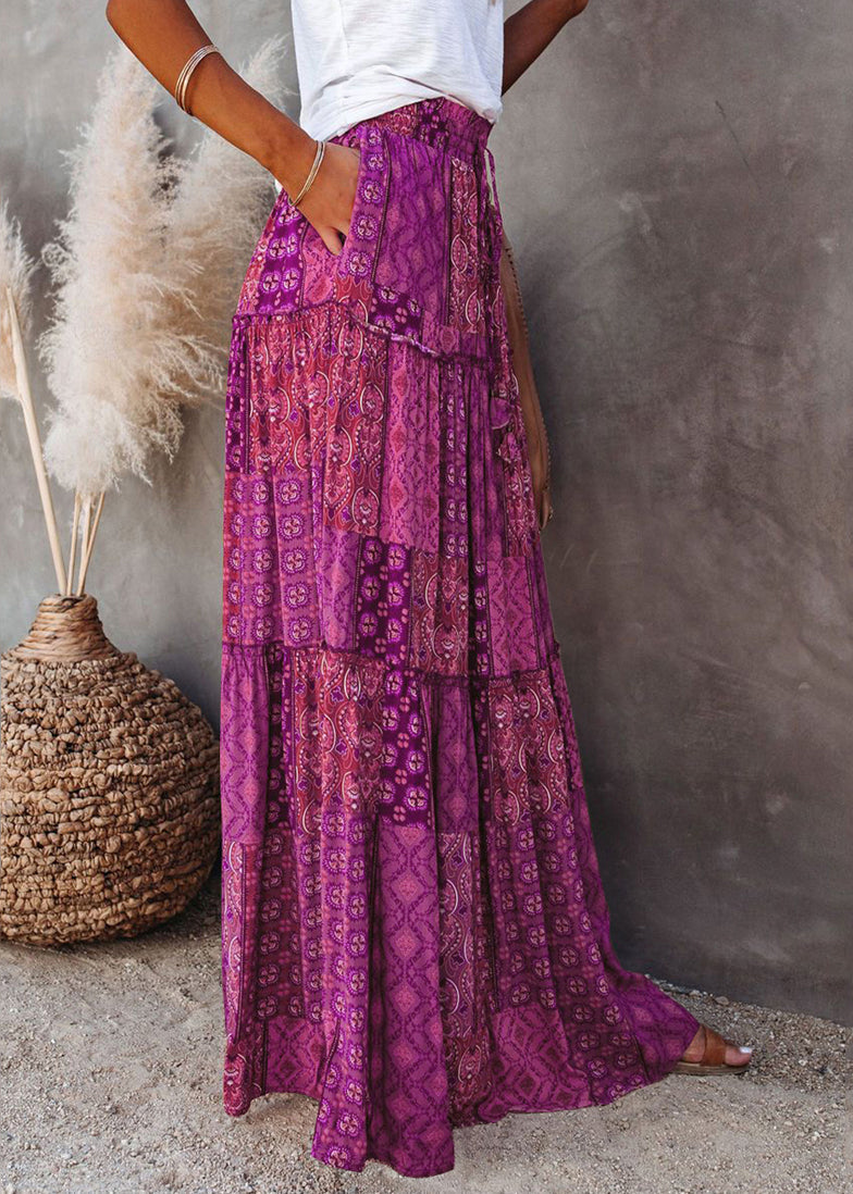 Ruffled Bohemian Patchwork Print Line A Skirt Purple