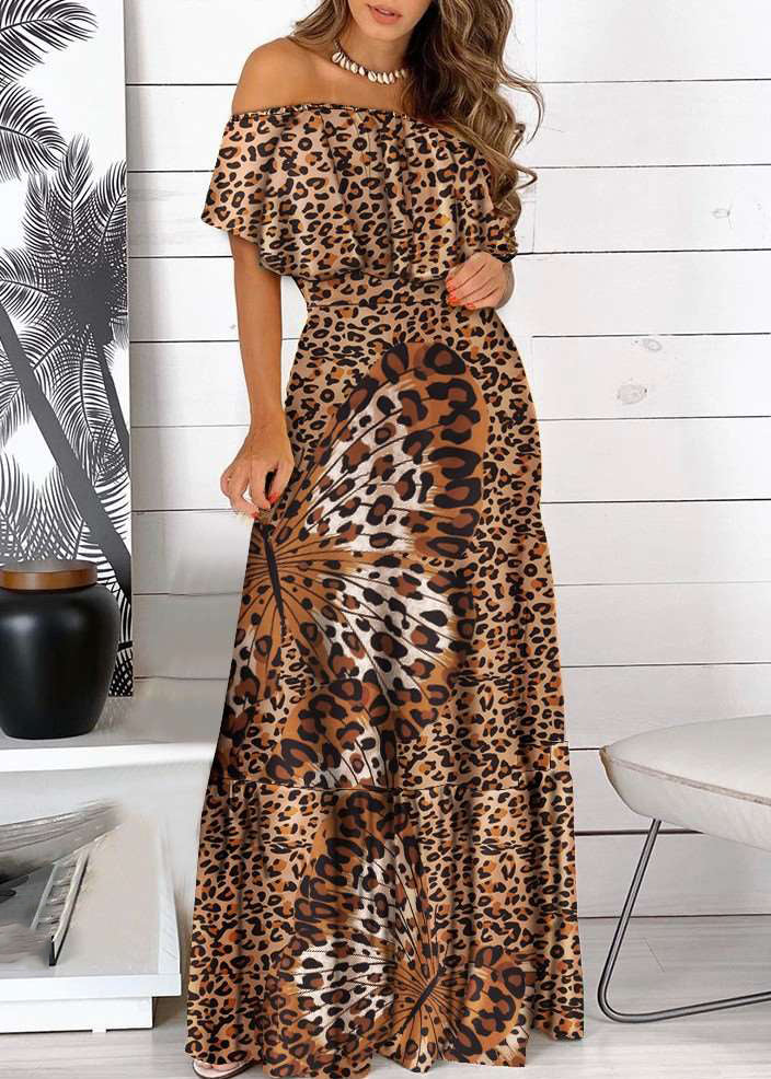 Maxi Yellow Shoulder Short Cold Wrinkled Sleeve Print Bohemian Dress