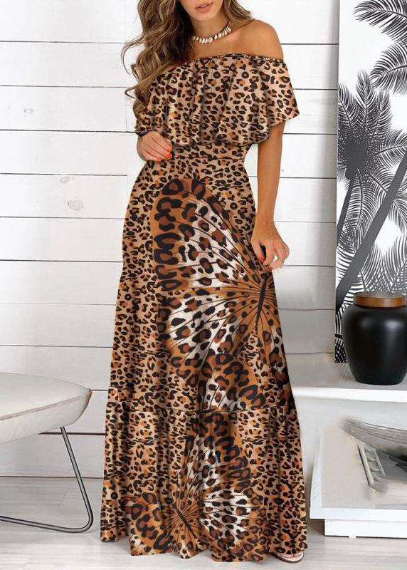 Maxi Yellow Shoulder Short Cold Wrinkled Sleeve Print Bohemian Dress