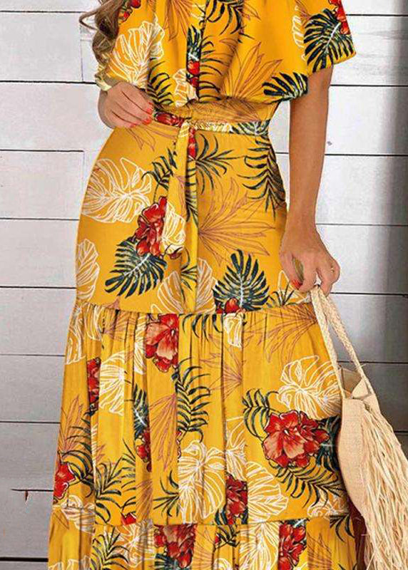 Maxi Yellow Shoulder Short Cold Wrinkled Sleeve Print Bohemian Dress