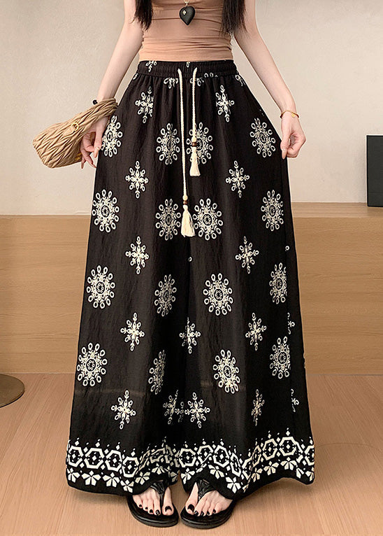Print Wide Waist Pants Summer Elastic Cotton Boho Apricot Leg