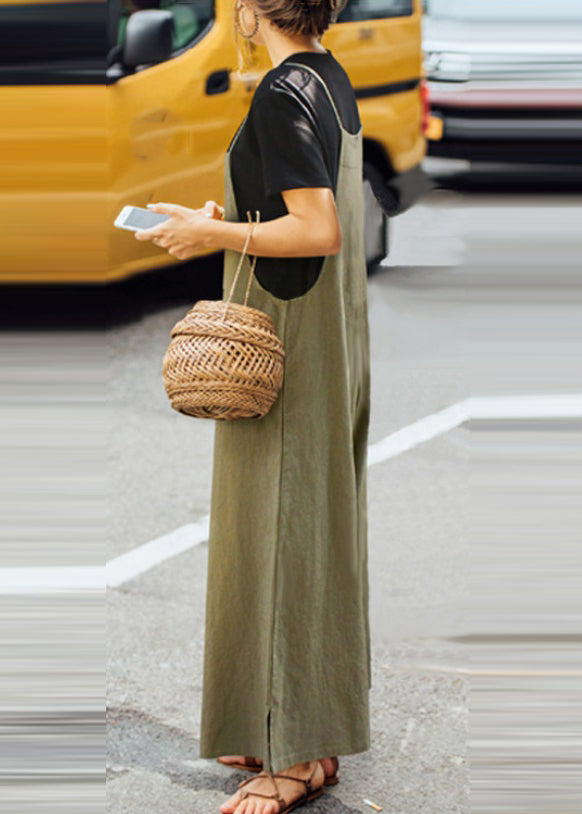 Army Jumpsuit Solid Sleeveless Green Neck Boho Slash