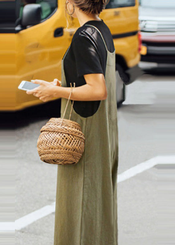 Army Jumpsuit Solid Sleeveless Green Neck Boho Slash