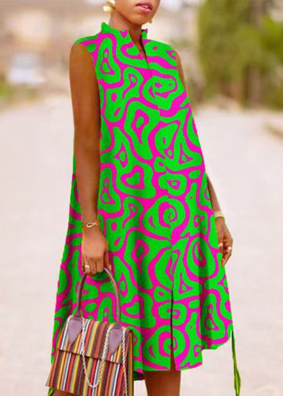 Stand Boho Maxi Print Collar Summer Green Dresses