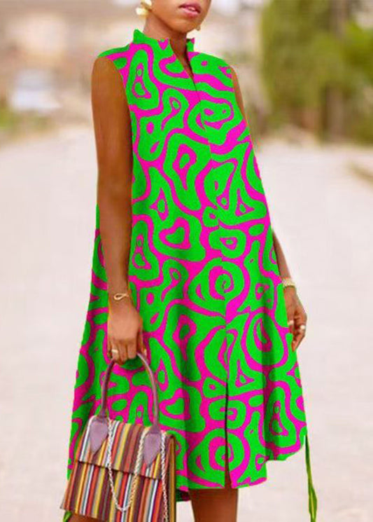 Stand Boho Maxi Print Collar Summer Green Dresses