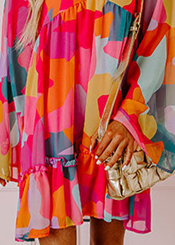 Fall Print Mid Red Dresses Wrinkled Boho Chiffon