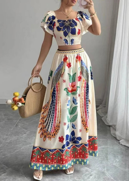 Two Top Piece Print And Collar Set Boho Square Maxi Summer Skirts