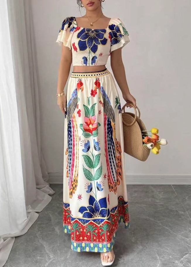 Two Top Piece Print And Collar Set Boho Square Maxi Summer Skirts