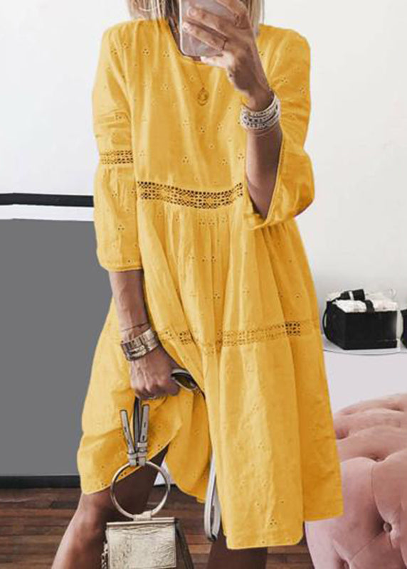 Bracelet Sleeve Boho Hollow Dresses O-Neck Long Yellow Out