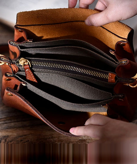 Durable Cross-body Solid Leather Khaki Bag Botique