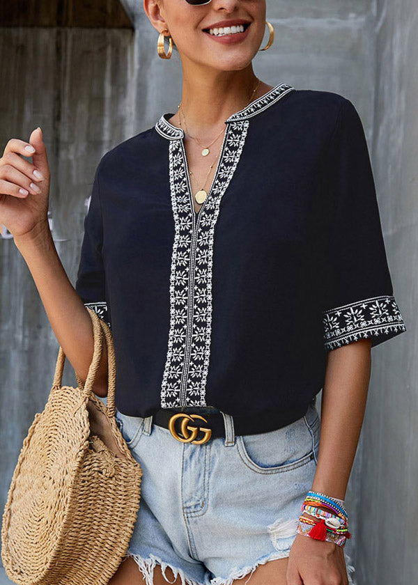 Boutique Neck Top Sleeve Patchwork Short V Black