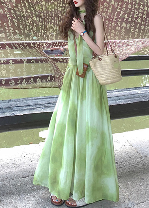 Chiffon V Maxi Tie Dye Boutique Vacation Neck Sleeveless Green Dresses