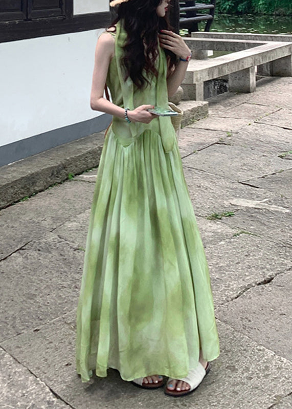 Chiffon V Maxi Tie Dye Boutique Vacation Neck Sleeveless Green Dresses