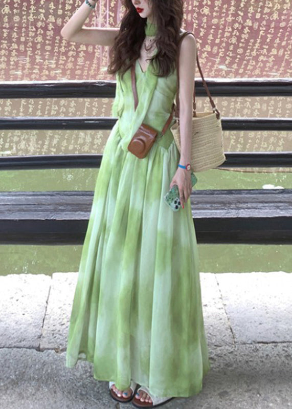 Chiffon V Maxi Tie Dye Boutique Vacation Neck Sleeveless Green Dresses