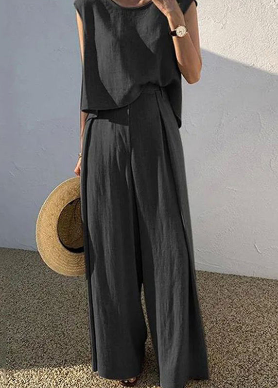 Two Leg Set Pants Pieces Boutique Wide O-Neck Shirt T Khaki And