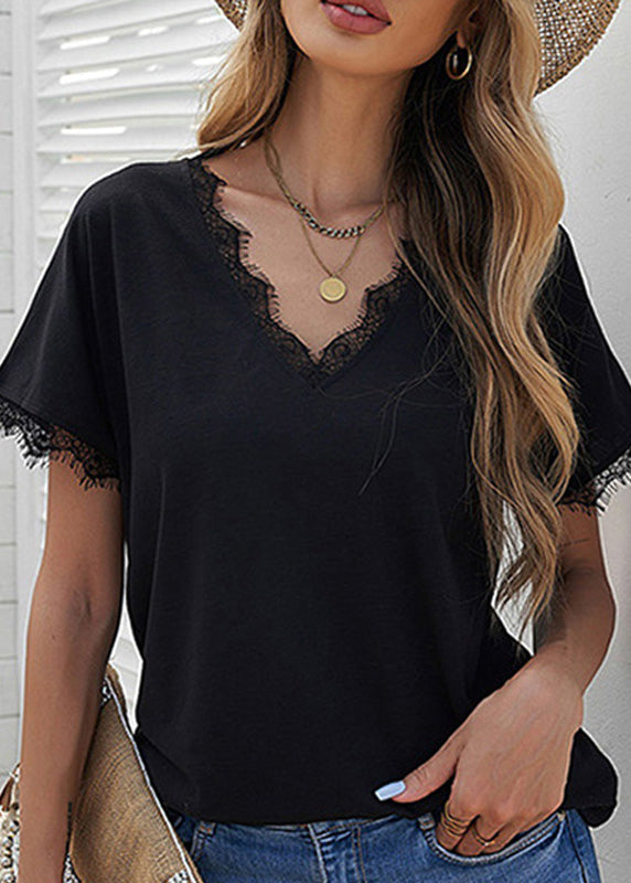 Neck Short T V Sleeve Patchwork Solid Brief White Shirt Lace