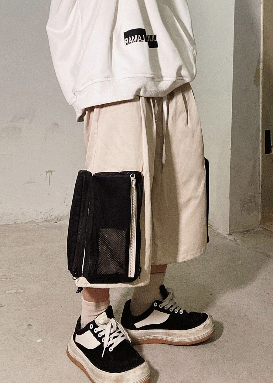 Zip Shorts Beige Oversized Casual Pockets Summer Up Cotton Men