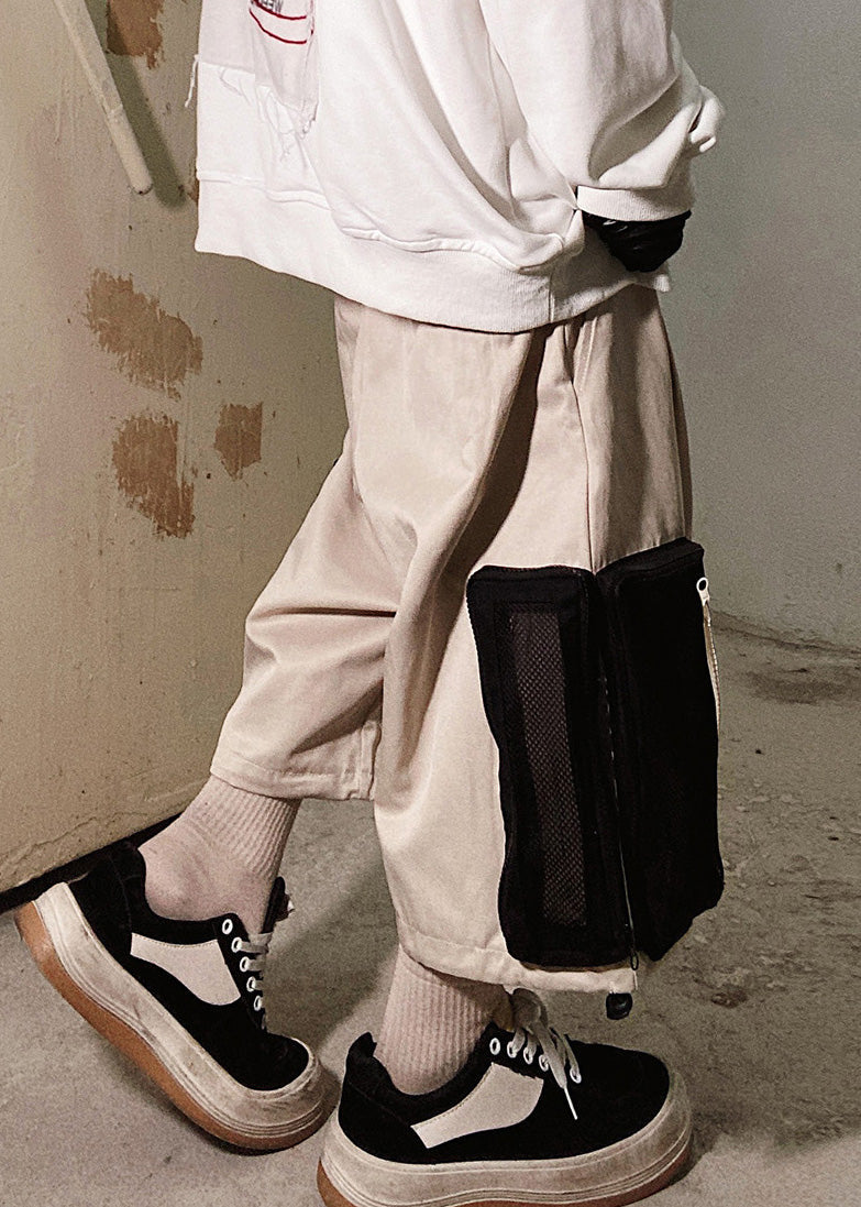 Zip Shorts Beige Oversized Casual Pockets Summer Up Cotton Men