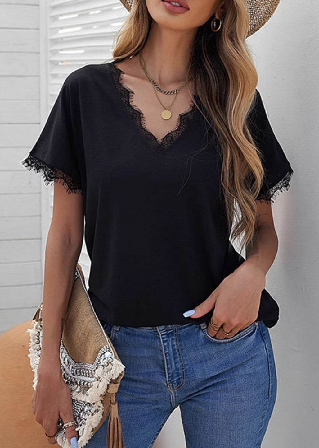 Sleeve T Lace Patchwork Shirt Solid Casual Short Black