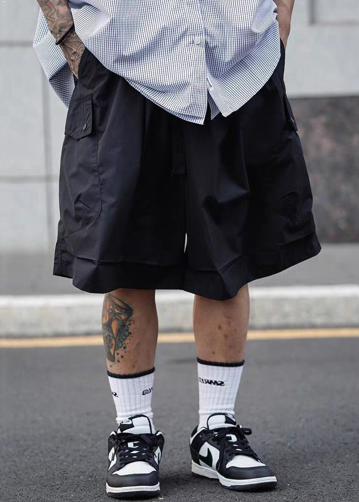 Casual Men Shorts Elastic Black Solid Summer Cotton Pockets Waist