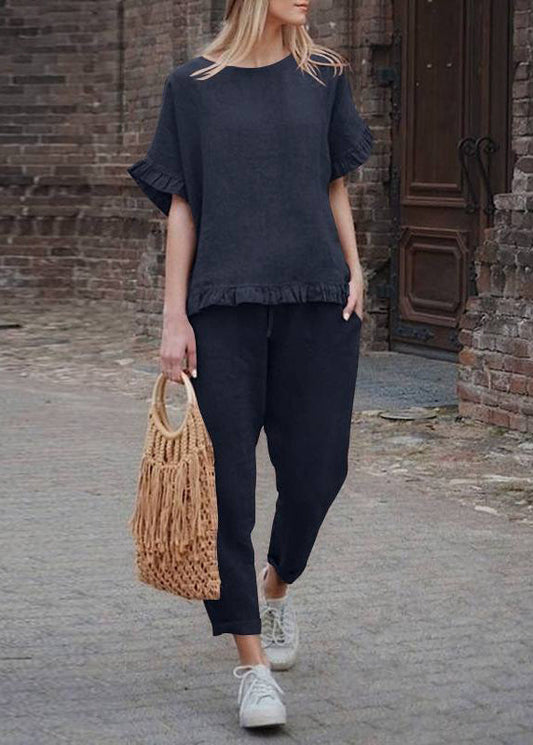 Top Black Ruffled Patchwork Crop Casual And Pants Two Solid