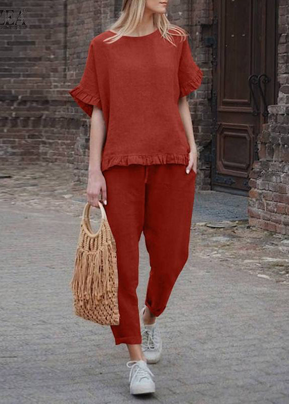 Top Black Ruffled Patchwork Crop Casual And Pants Two Solid