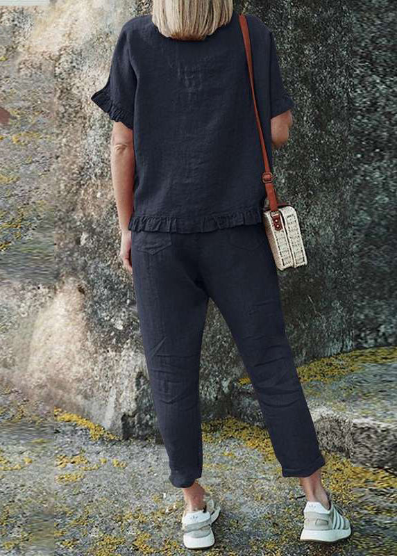 Top Black Ruffled Patchwork Crop Casual And Pants Two Solid