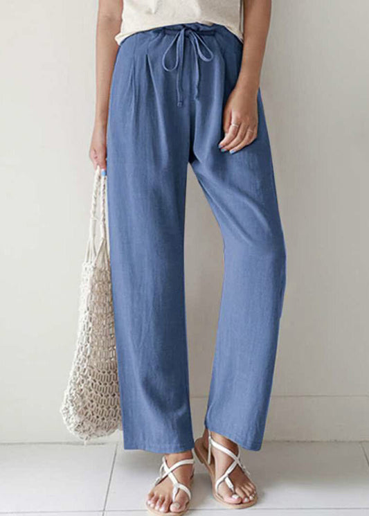 Pockets Blue Summer Cotton Pants Up Lace Casual