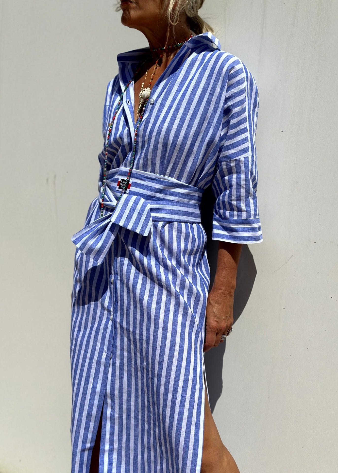 Shirts Striped Sleeve Long Open Bracelet Side Blue Patchwork Casual Dress
