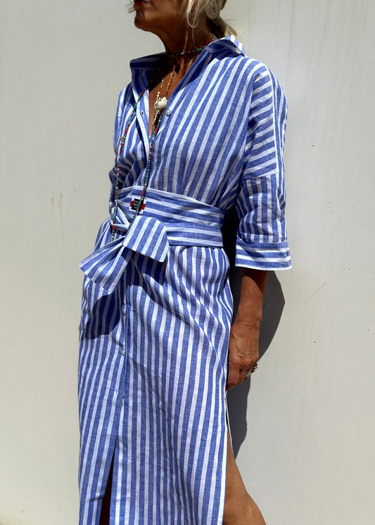 Shirts Striped Sleeve Long Open Bracelet Side Blue Patchwork Casual Dress
