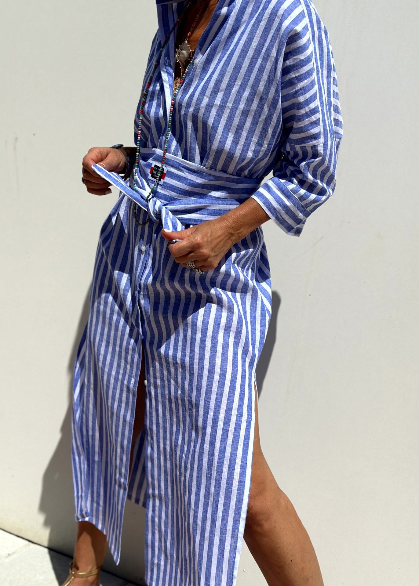 Shirts Striped Sleeve Long Open Bracelet Side Blue Patchwork Casual Dress