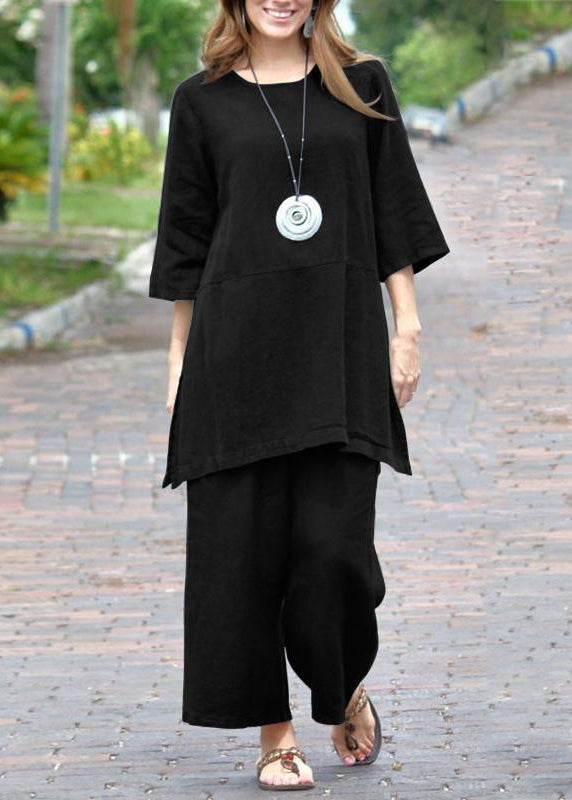 Pants Caramel Set Side Crop Two Open O-Neck Pieces Casual Top And