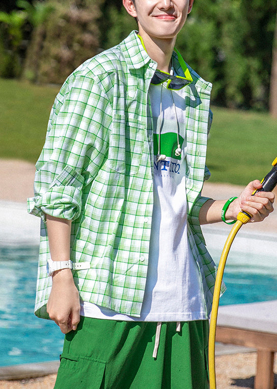 Cotton Spring Button Oversized Men Casual Shirts Green Plaid