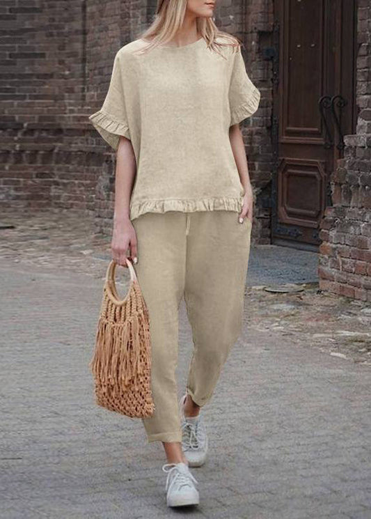 And Two Patchwork Pants Set Pieces Ruffled Top Casual Khaki Crop