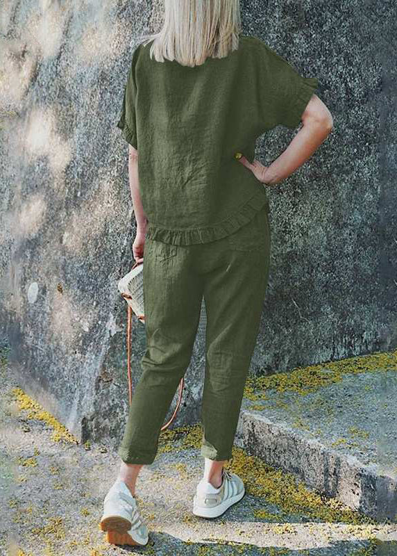 And Two Patchwork Pants Set Pieces Ruffled Top Casual Khaki Crop