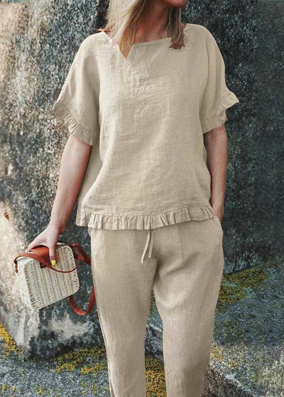 And Two Patchwork Pants Set Pieces Ruffled Top Casual Khaki Crop