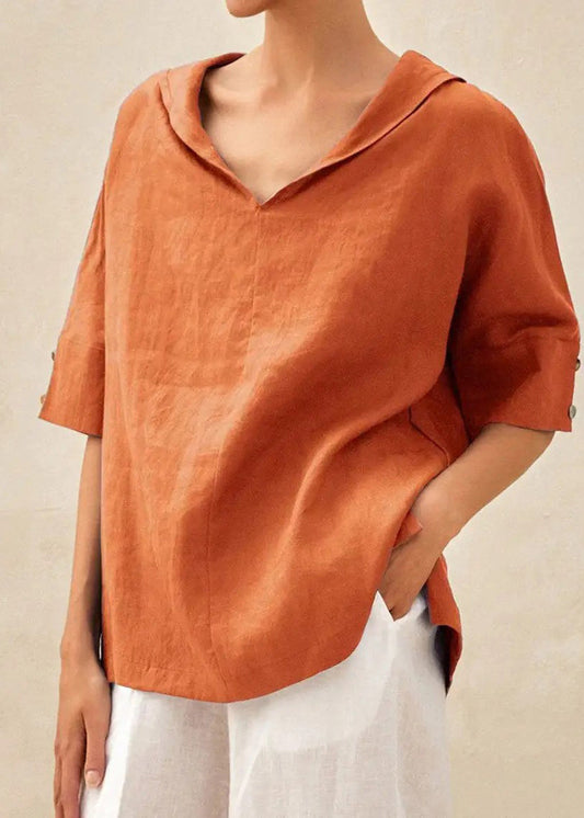 Side Shirts O-Neck Sleeve Orange Short Casual Open