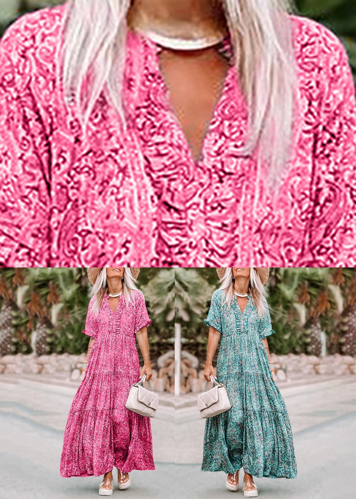 Pink V Dresses Print Casual Summer Long Neck