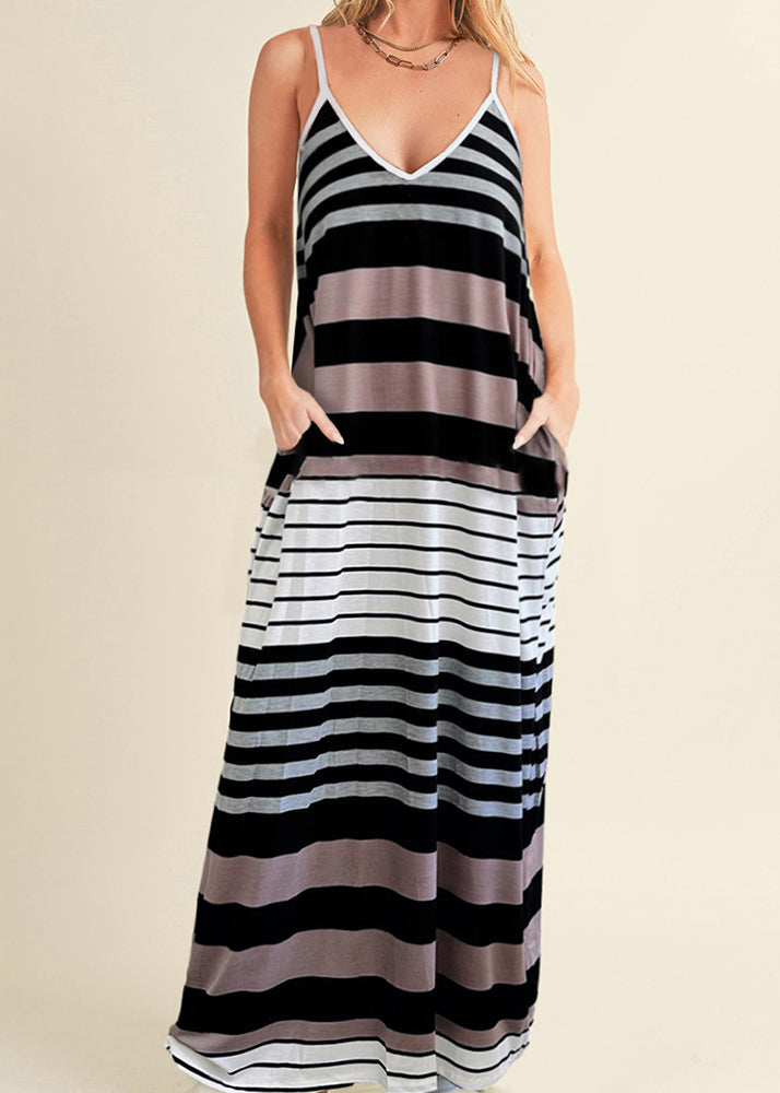 Casual V Summer Neck Spaghetti Maxi Striped Strap Pockets Dress