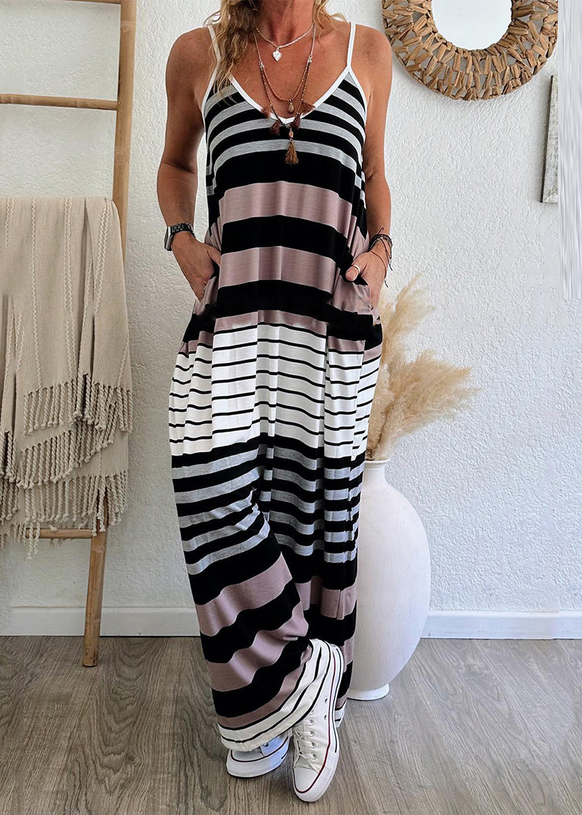 Casual V Summer Neck Spaghetti Maxi Striped Strap Pockets Dress