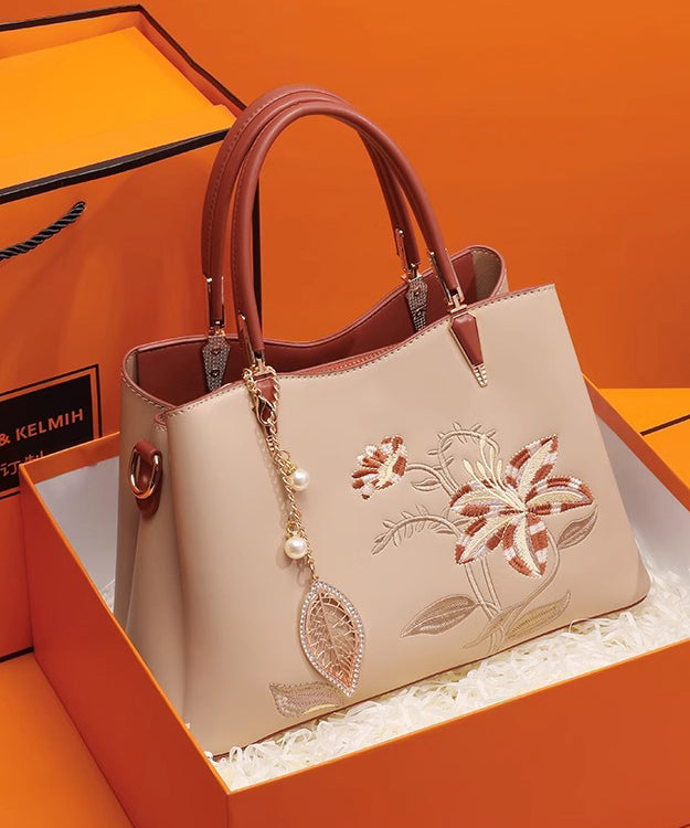 Leather Bag Apricot Embroidery Chic Tote Calf