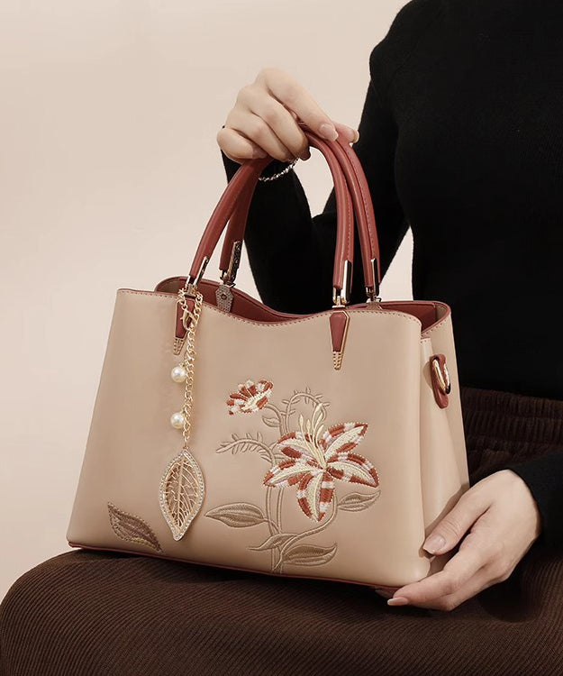 Leather Bag Apricot Embroidery Chic Tote Calf